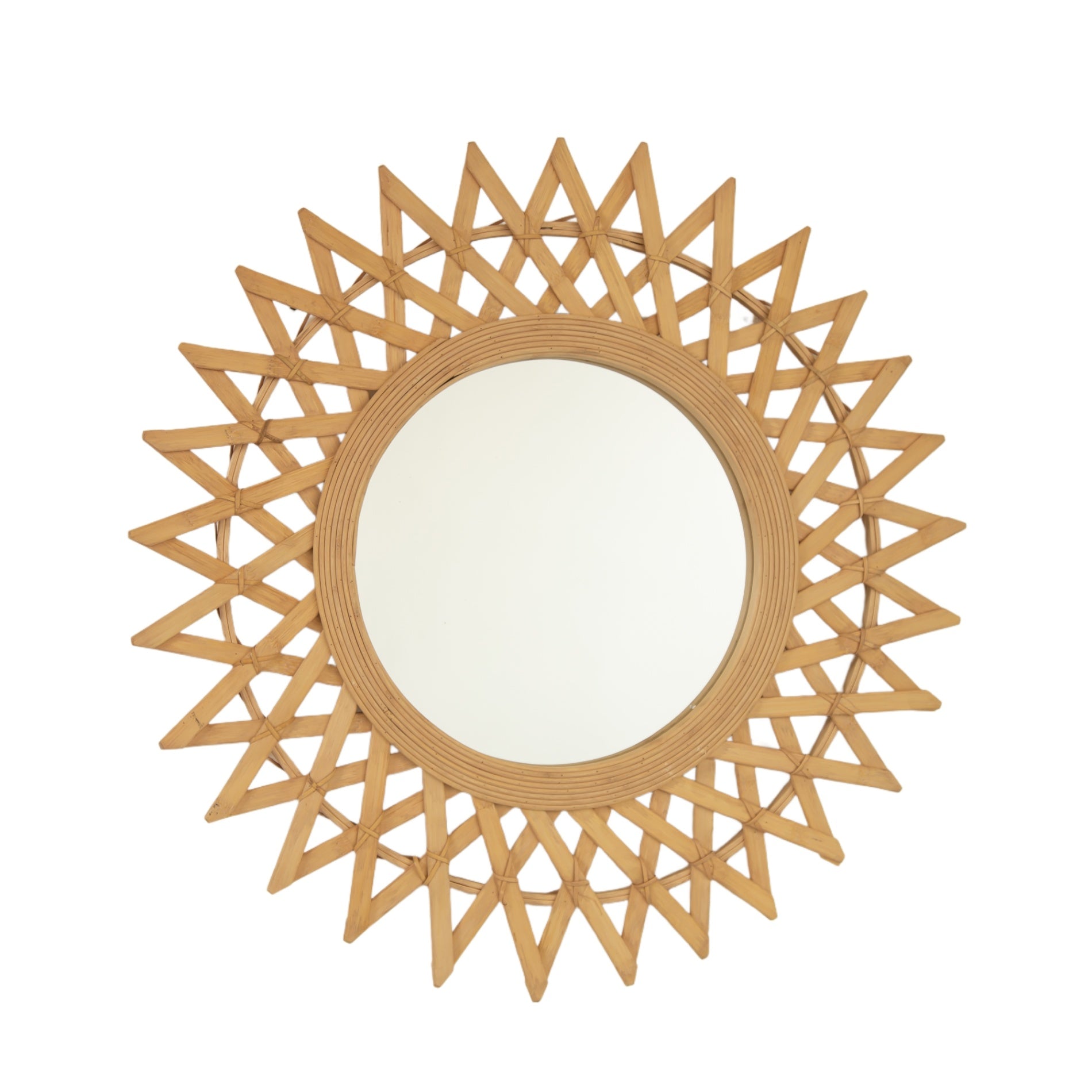 24 in. Natural Bamboo & Hemp Irregular Wall Mirror, Handcrafted Diamond-Inspired Decorative Accent Mirror for Bathroom, Bedroom, Living Room & Entryway