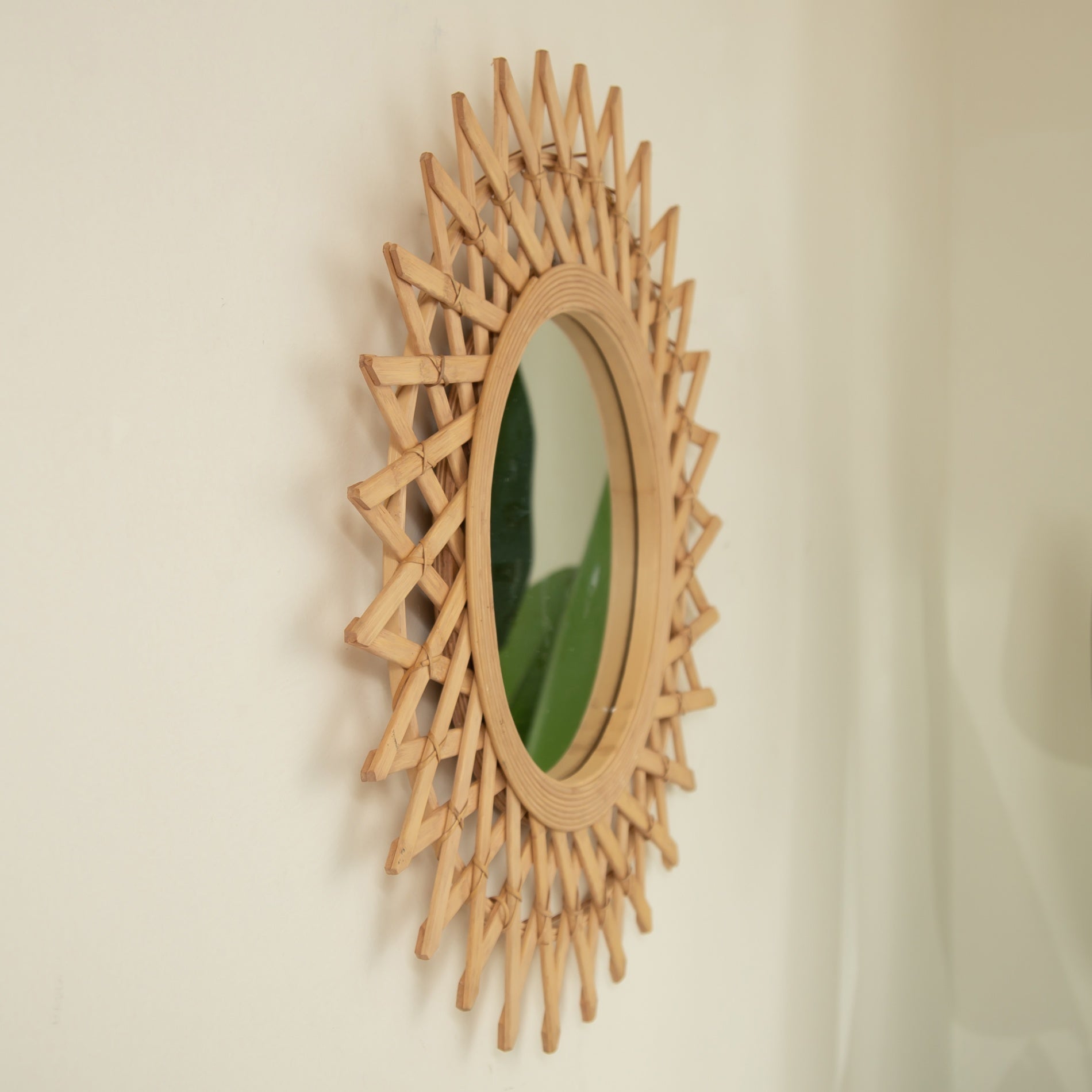 24 in. Natural Bamboo & Hemp Irregular Wall Mirror, Handcrafted Diamond-Inspired Decorative Accent Mirror for Bathroom, Bedroom, Living Room & Entryway