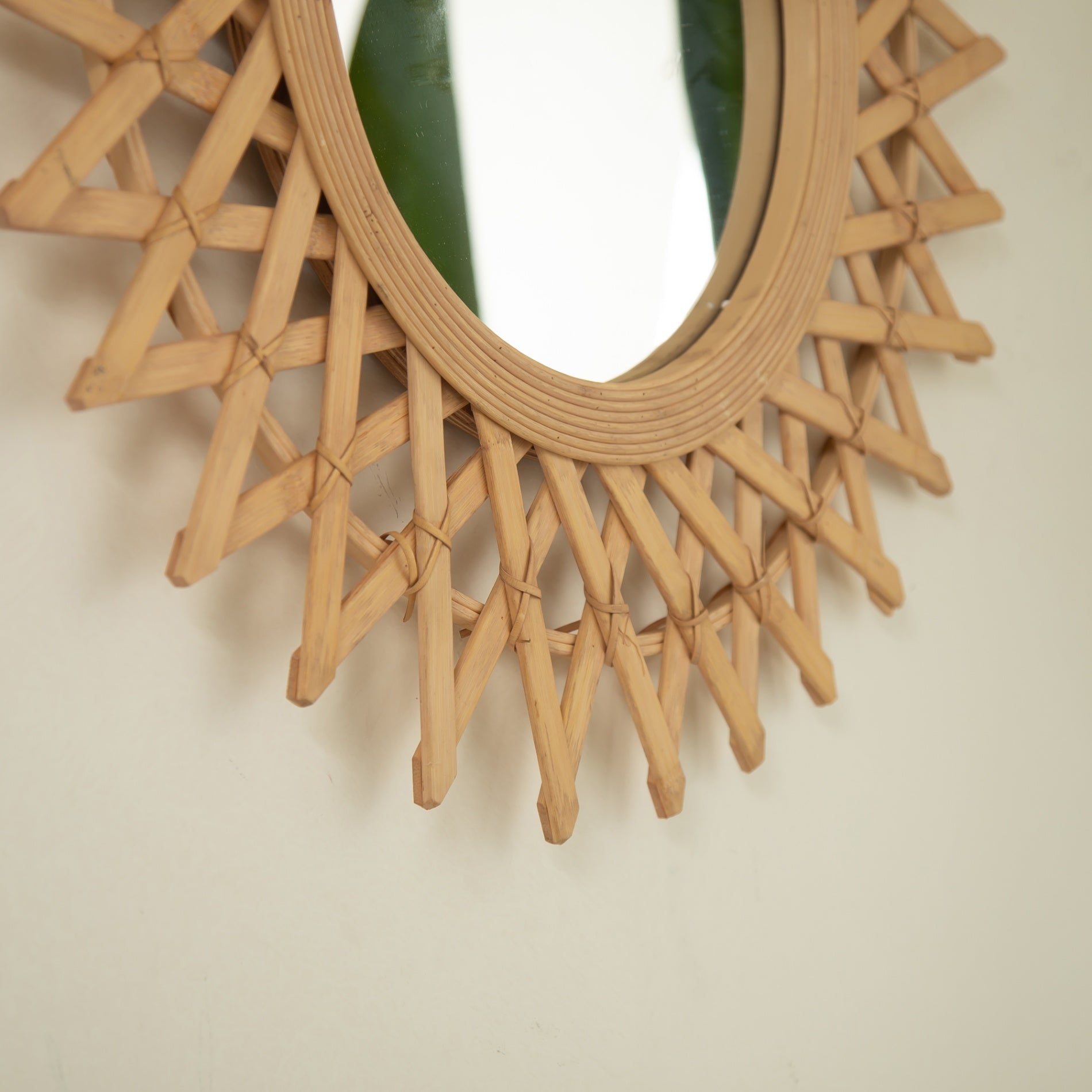 24 in. Natural Bamboo & Hemp Irregular Wall Mirror, Handcrafted Diamond-Inspired Decorative Accent Mirror for Bathroom, Bedroom, Living Room & Entryway