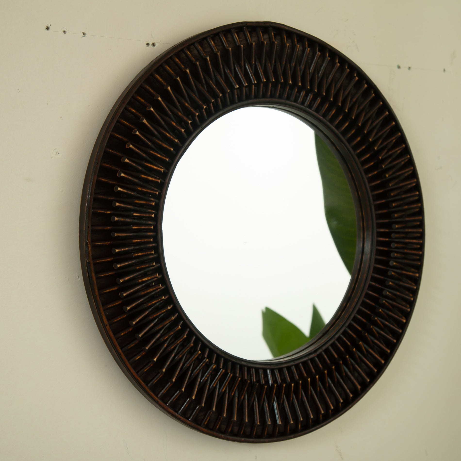 24 in. Dark Bamboo Round Wall Mirror, Handcrafted Natural Bamboo Artistry Decorative Mirror for Bathroom, Bedroom, Living Room & Entryway