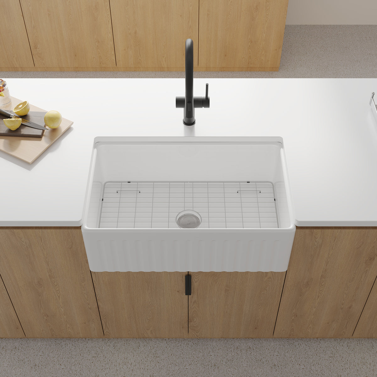 RAINLEX Fireclay Farmhouse Apron-Front Single Bowl Kitchen Sink with Grid (FS04)