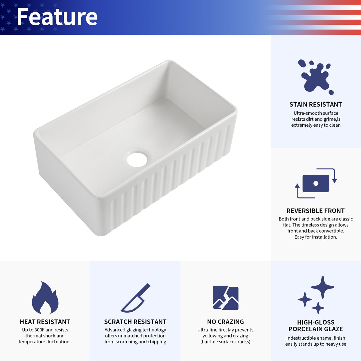 RAINLEX Fireclay Farmhouse Apron-Front Single Bowl Kitchen Sink with Grid (FS04)