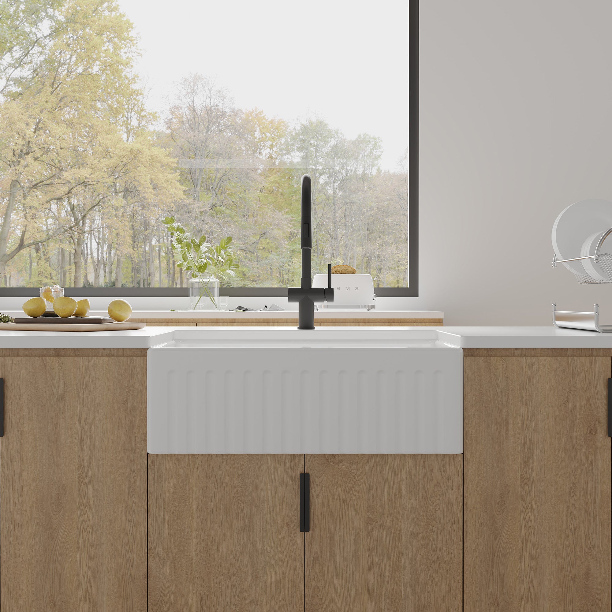 Fireclay Farmhouse Apron-Front Double Bowl Kitchen Sink with Grid