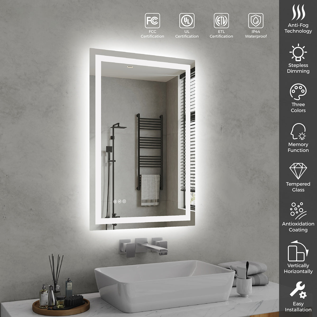RAINLEX Front and Backlit LED Bathroom Mirror with Anti-Fog, 3 Color Temperatures