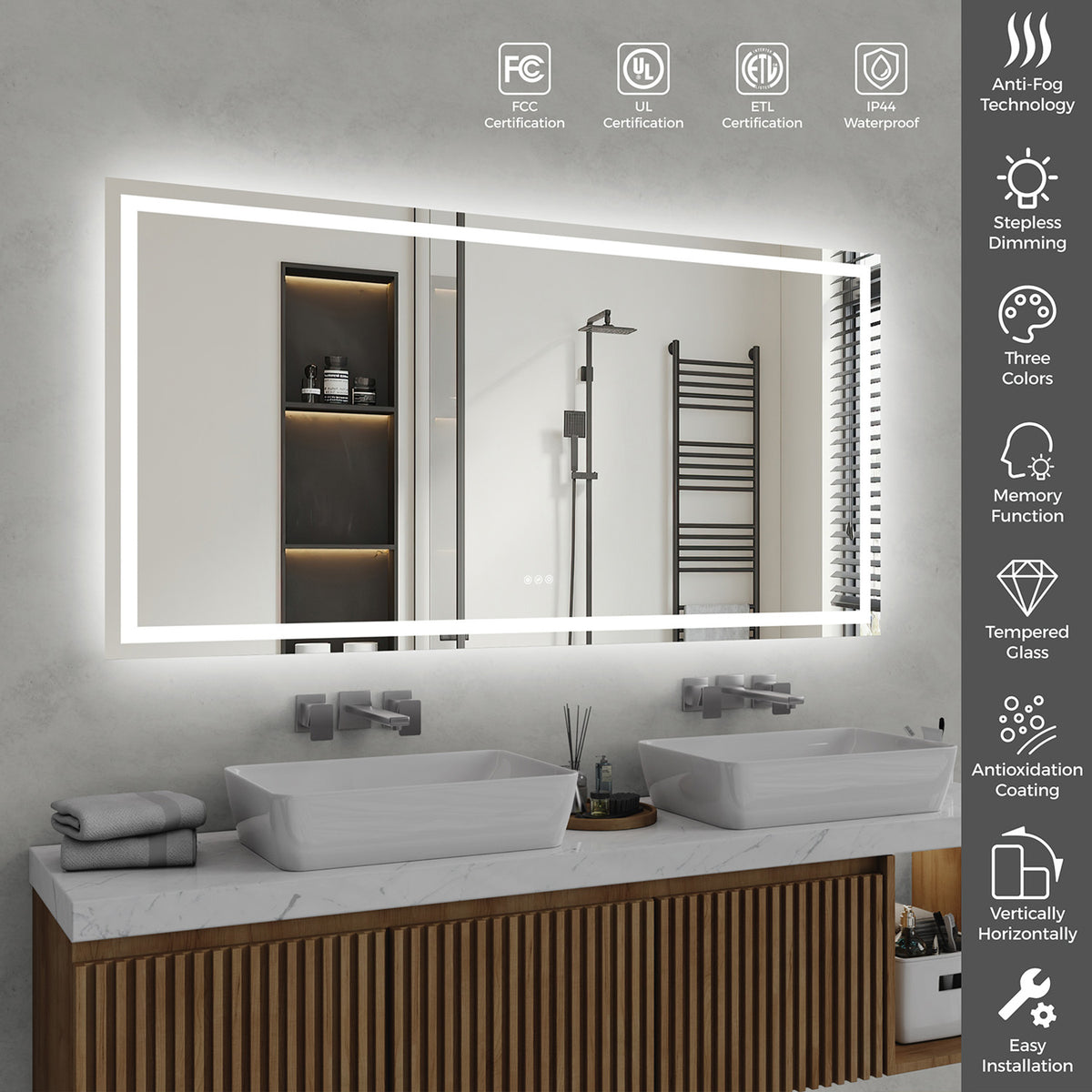 RAINLEX Large Front and Backlit LED Bathroom Mirror for Double Vanity with Anti-Fog
