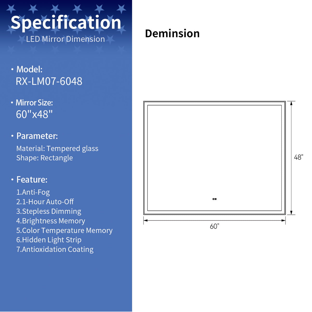 RAINLEX 60 in. x 48 in. Front and Backlit LED Bathroom Mirror with Anti-Fog
