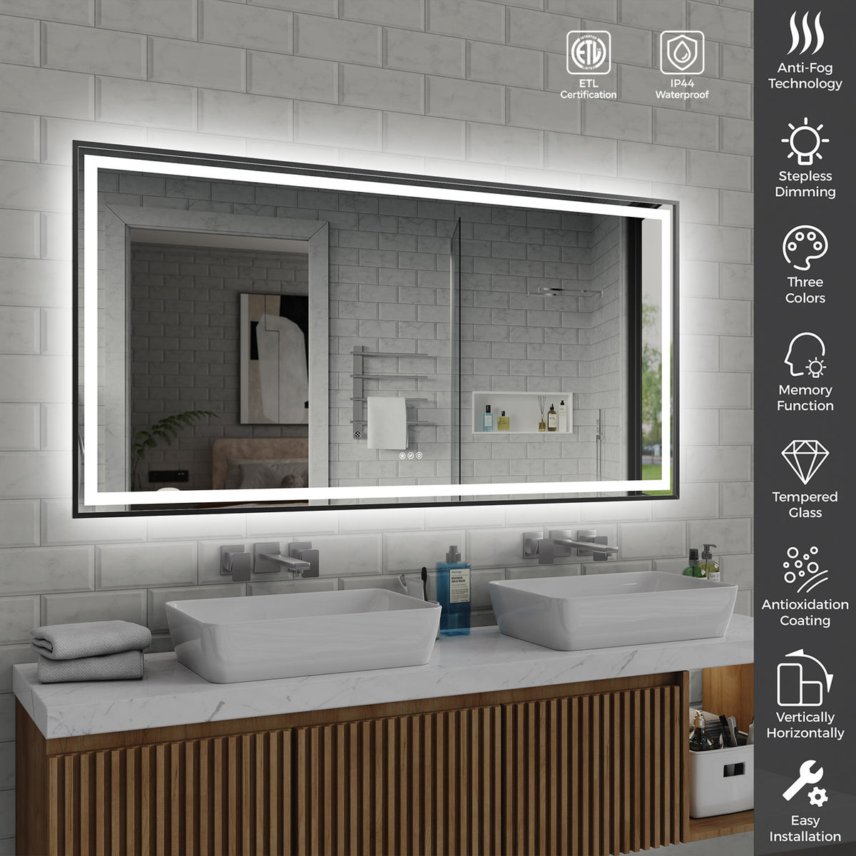 RAINLEX 72 in. x 36 in. Rectangular Front and Backlit LED Bathroom Mirror with Metal Frame