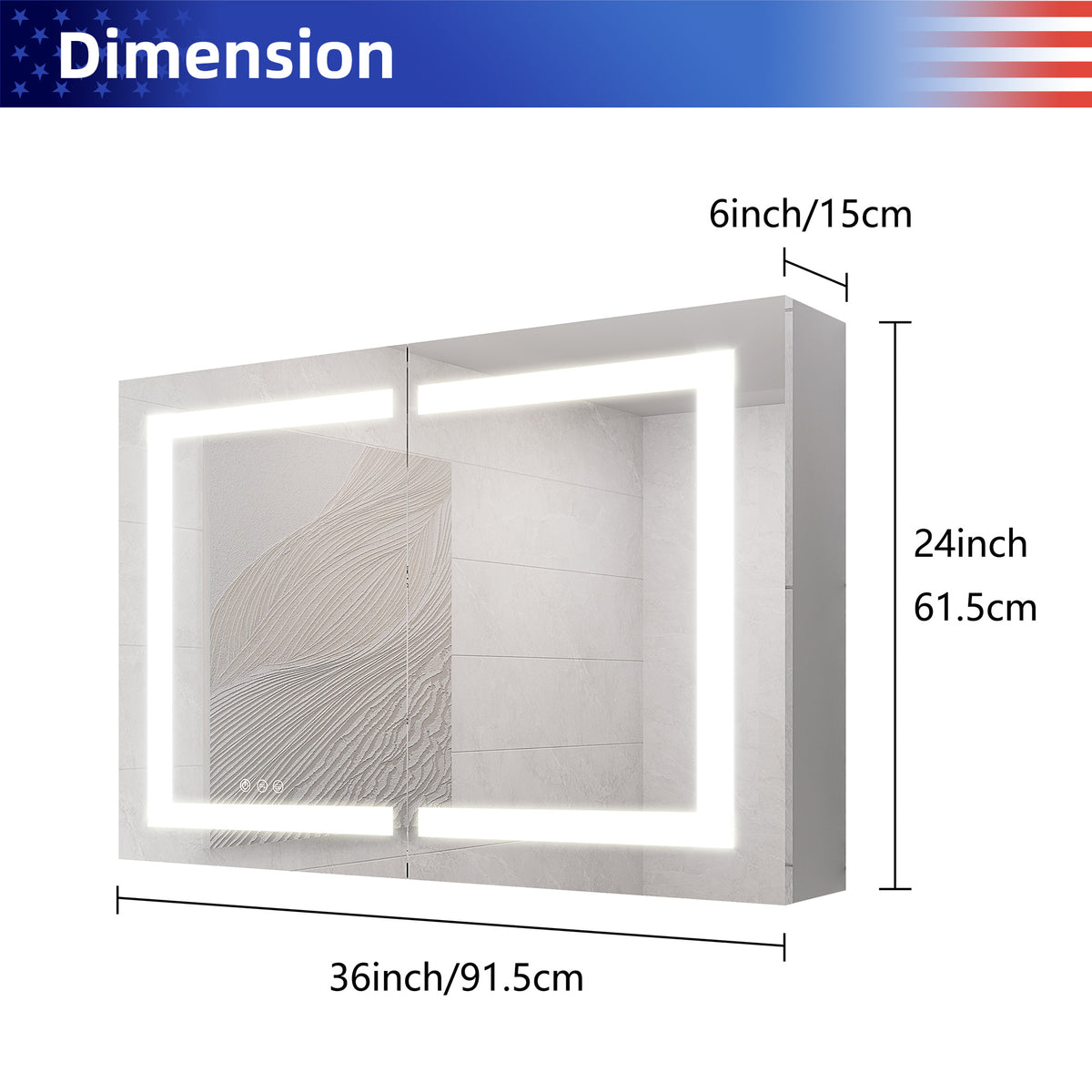 Armoire à pharmacie à montage en surface avec éclairage à DEL de 36 po de largeur x 24 po de hauteur, avec miroir antibuée et 2 étagères réglables RX-MC01-2436