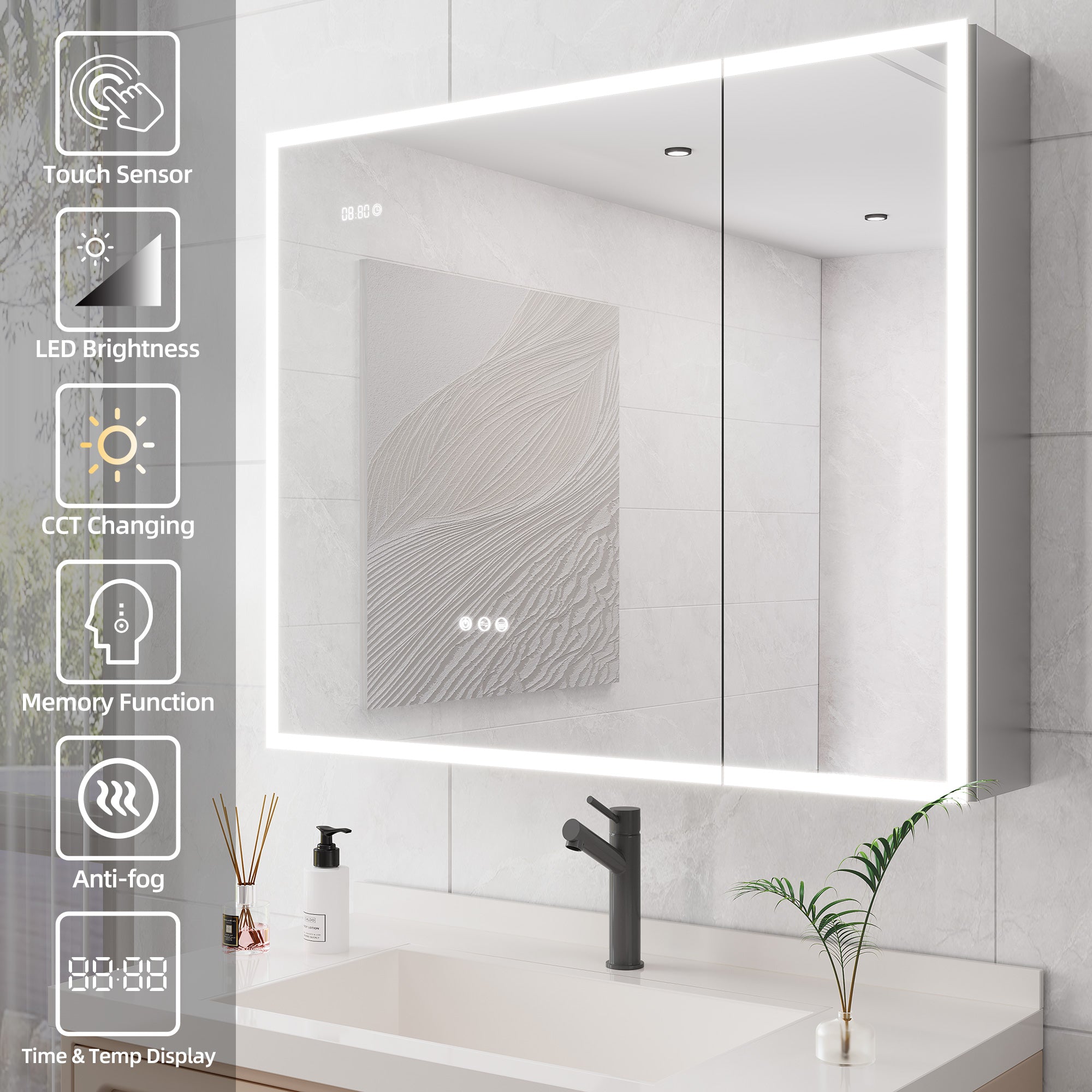 Armoire à pharmacie à montage en surface avec éclairage à DEL de 36 po de largeur x 30 po de hauteur, avec miroir antibuée et 2 étagères réglables RX-MC05-3036