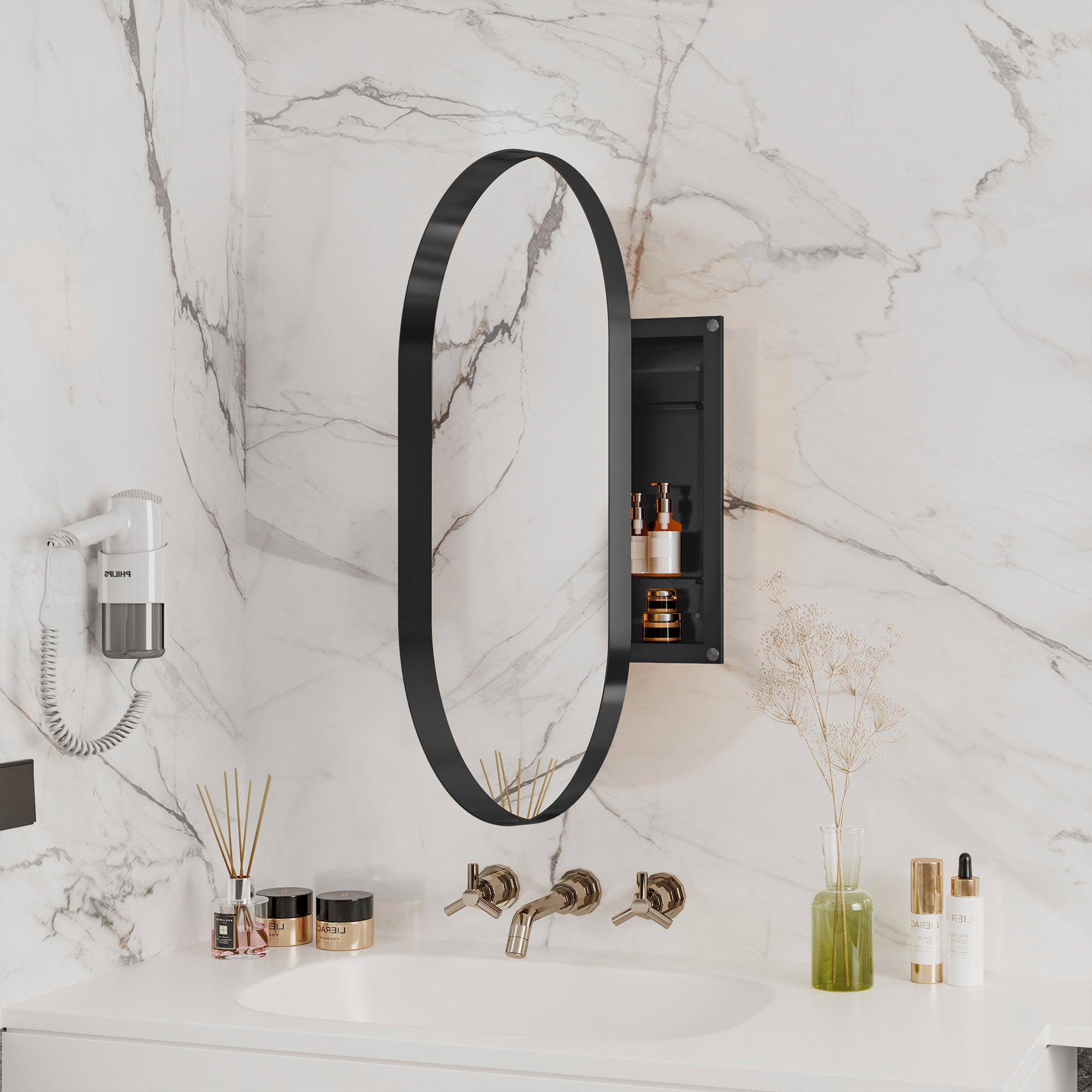 20" x 34" Recessed Framed Medicine Cabinet with Mirror, Matte Black