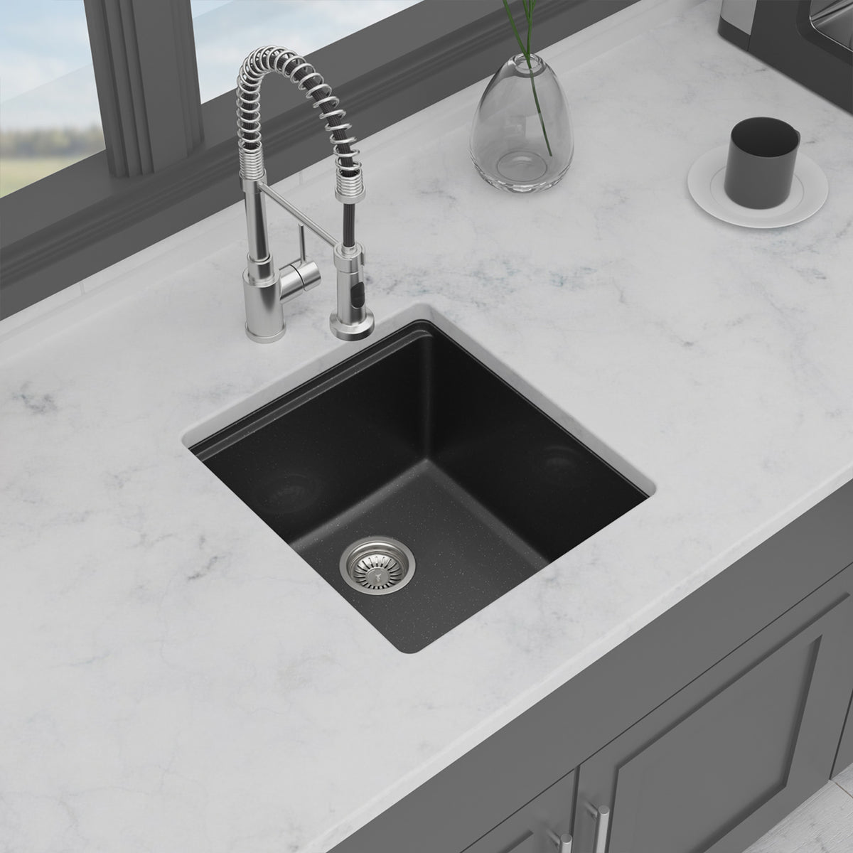 Black Quartz Composite Workstation Undermount Kitchen Sink, Single Bowl Bar Prep Sink with Cutting Board