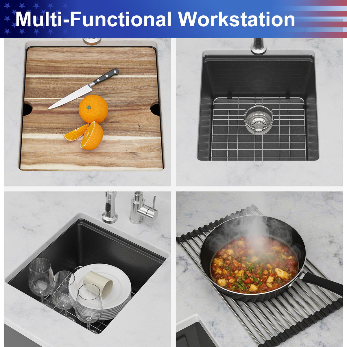 Black Quartz Composite Workstation Undermount Kitchen Sink, Single Bowl Bar Prep Sink with Cutting Board