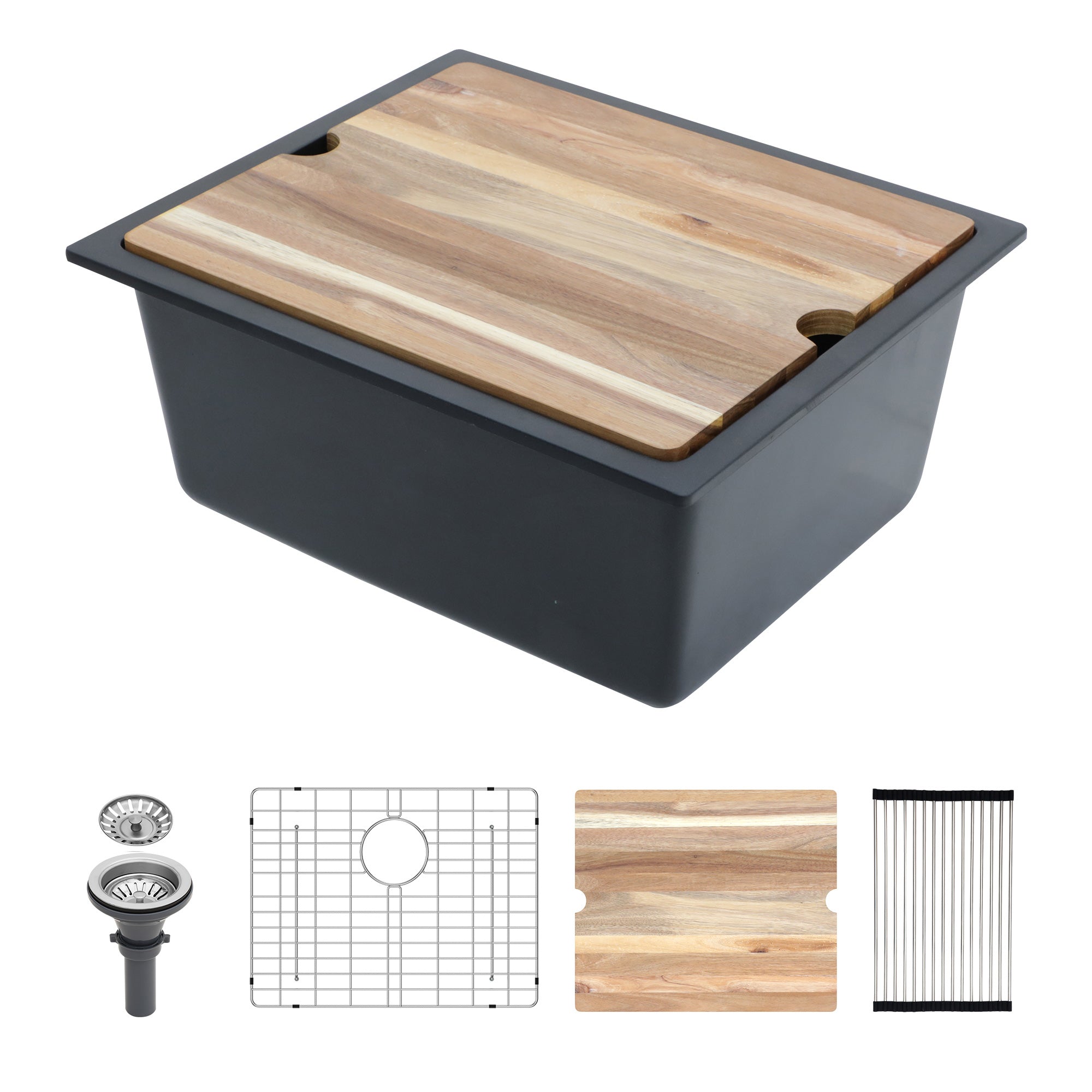 21" x 18" Undermount Single Bowl Quartz Composite Workstation Sink, Matte Black