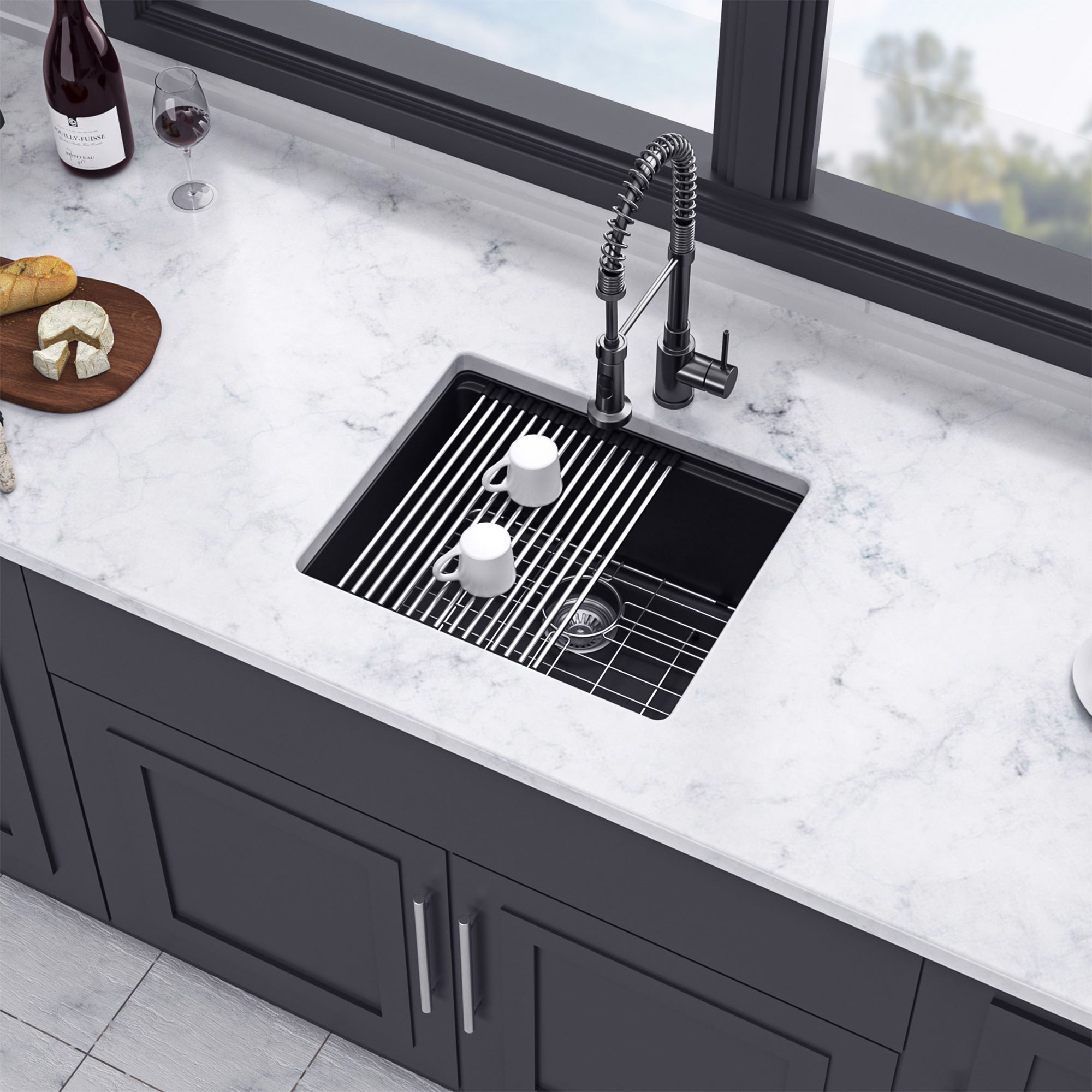 21" x 18" Undermount Single Bowl Quartz Composite Workstation Sink, Matte Black