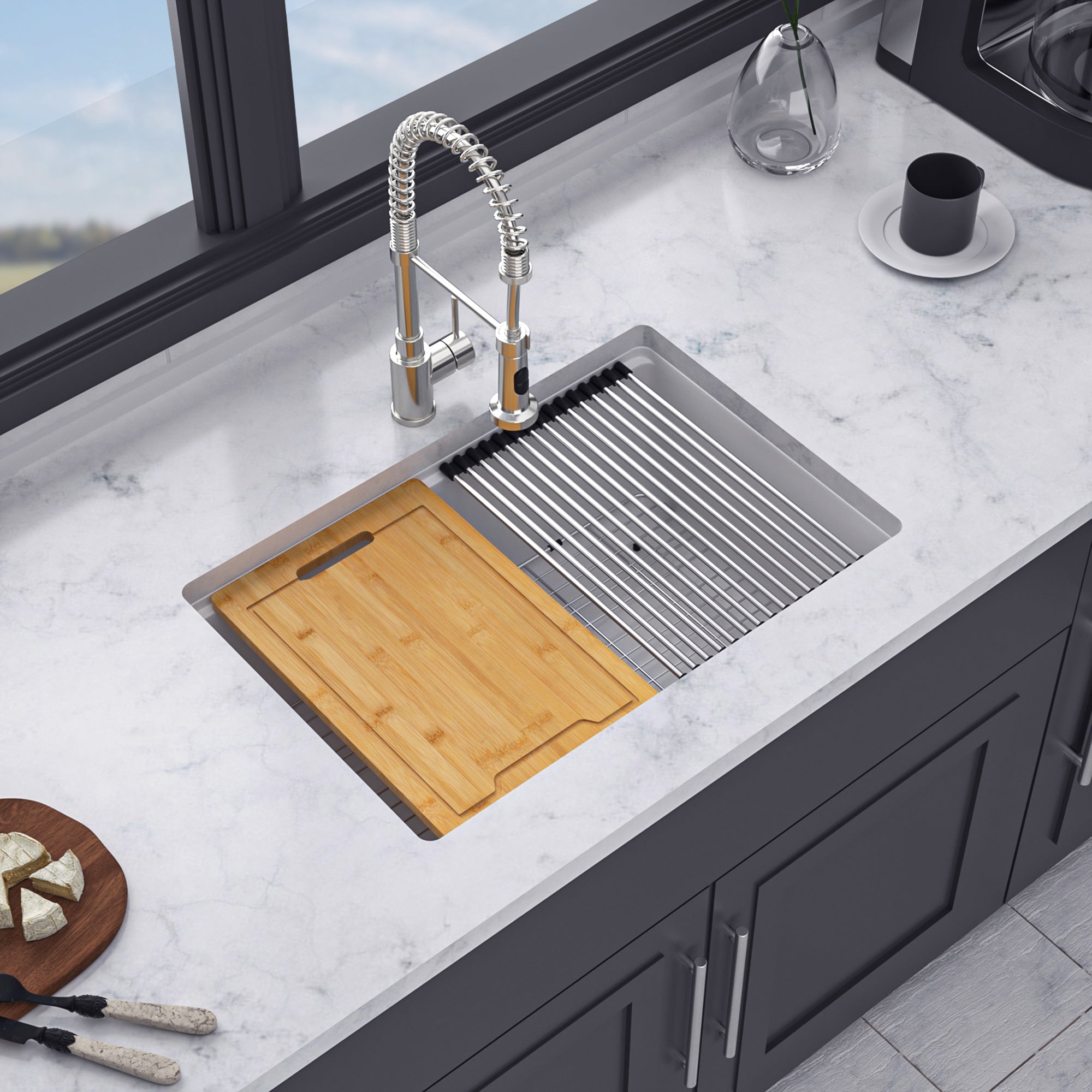 28" x 19" Undermount Single Bowl Quartz Composite Workstation Sink, Matte White