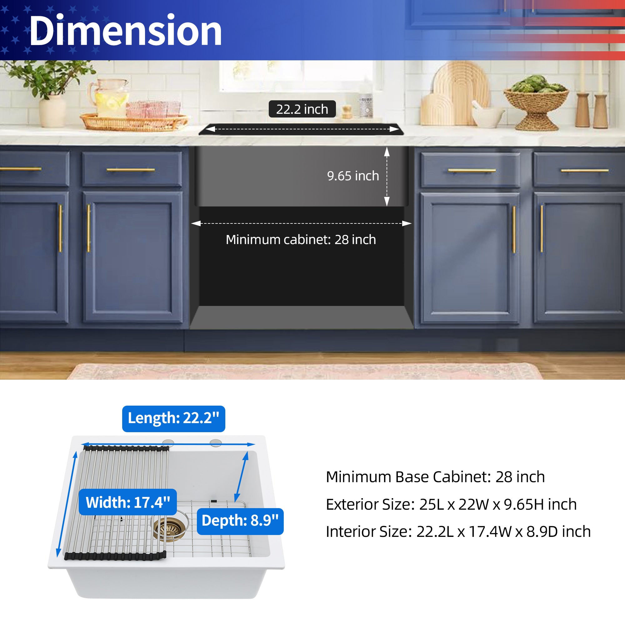 25" x 22" Drop-In Single Bowl Quartz Composite Kitchen Sink, Matte White