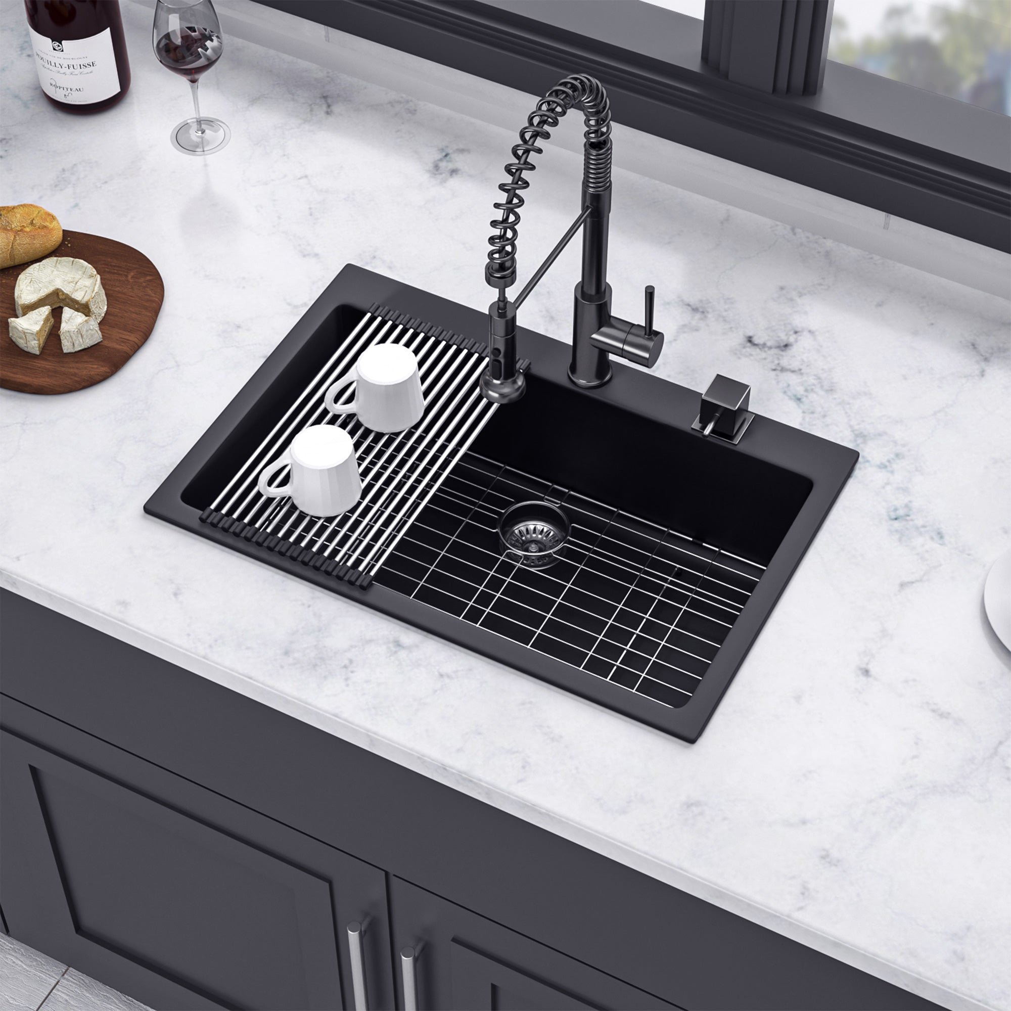 33" x 22" Drop-In Single Bowl Quartz Composite Kitchen Sink, Matte Black