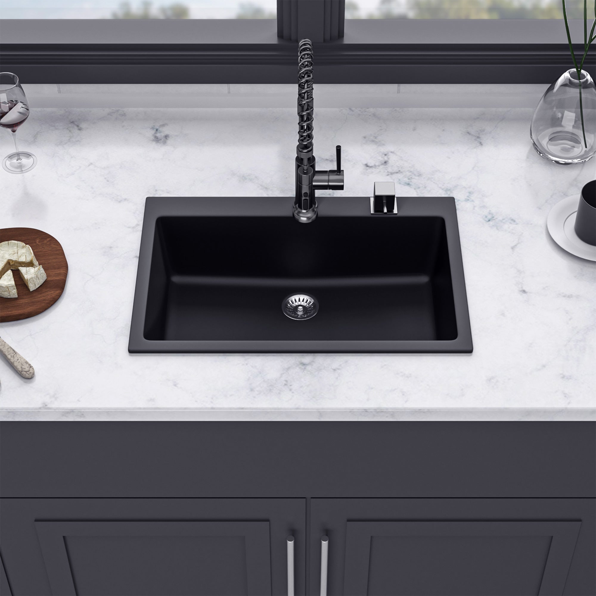 33" x 22" Drop-In Single Bowl Quartz Composite Kitchen Sink, Matte Black