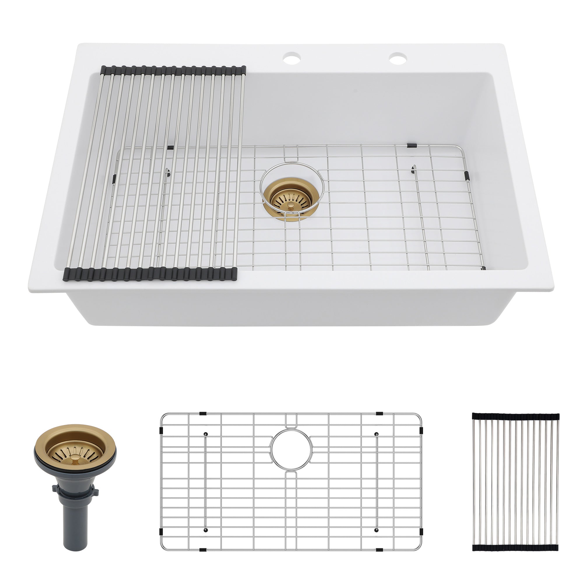 33" x 22" Drop-In Single Bowl Quartz Composite Kitchen Sink, Matte White