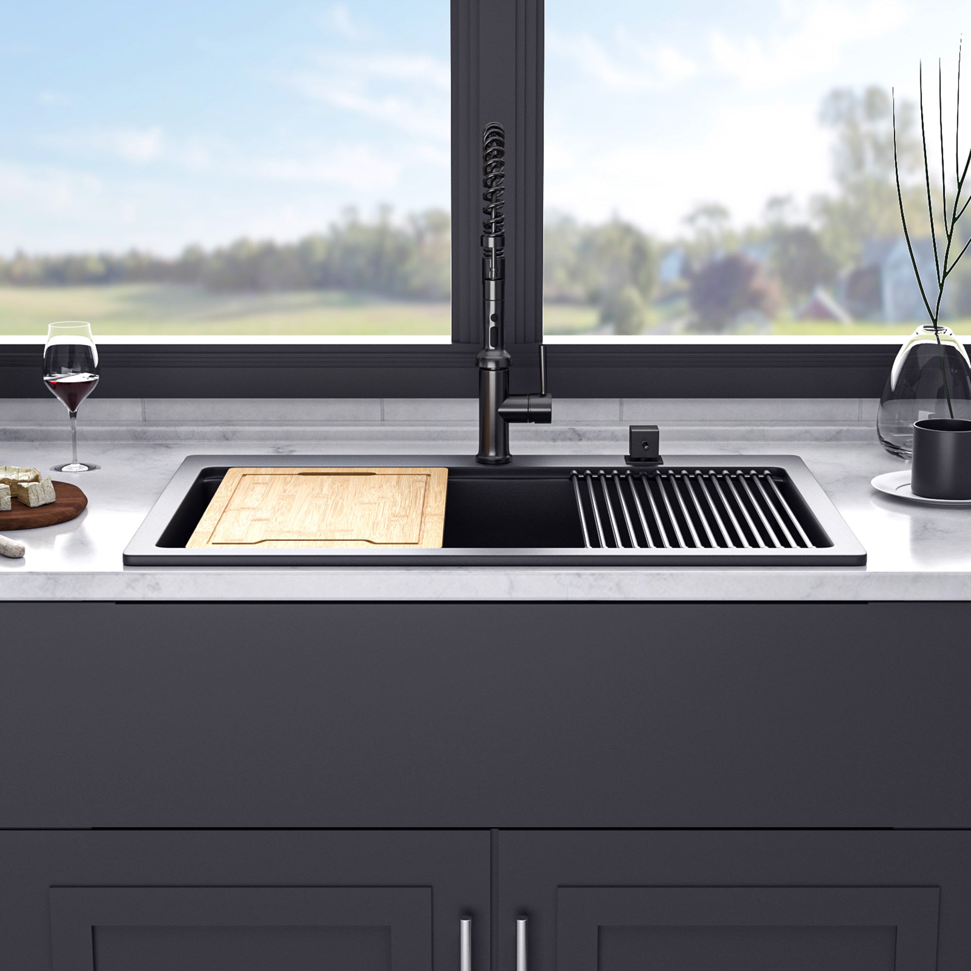 33" x 22" Drop-In Single Bowl Quartz Composite Workstation Sink, Matte Black