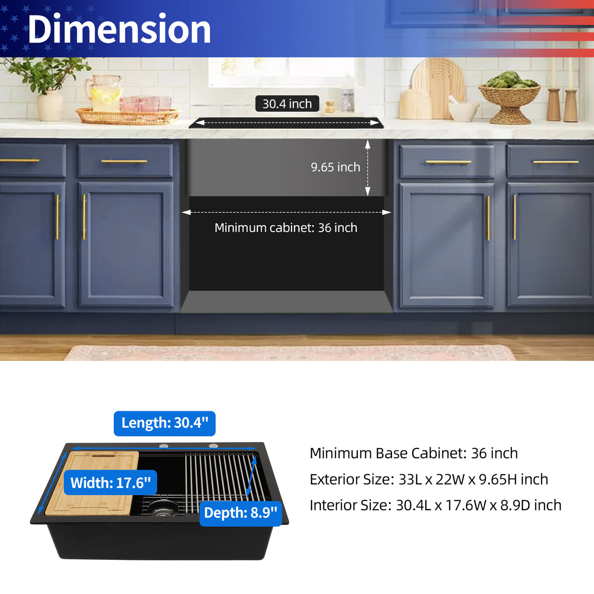 33" x 22" Drop-In Single Bowl Quartz Composite Workstation Sink, Matte Black