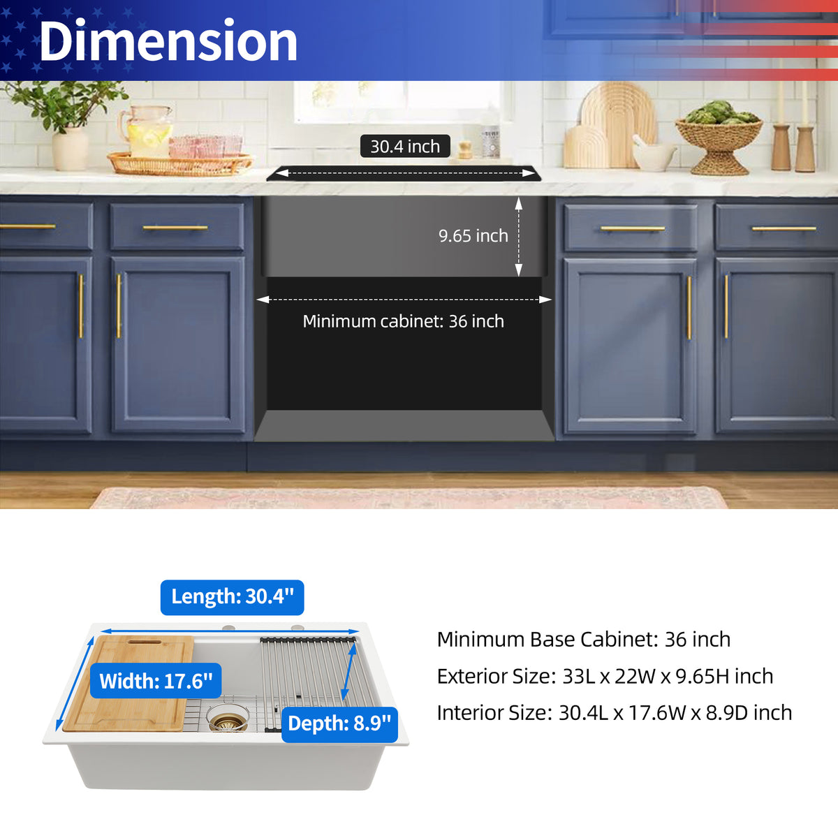 RAINLEX 33" x 22" Drop-In Workstation Kitchen Sink in Matte White