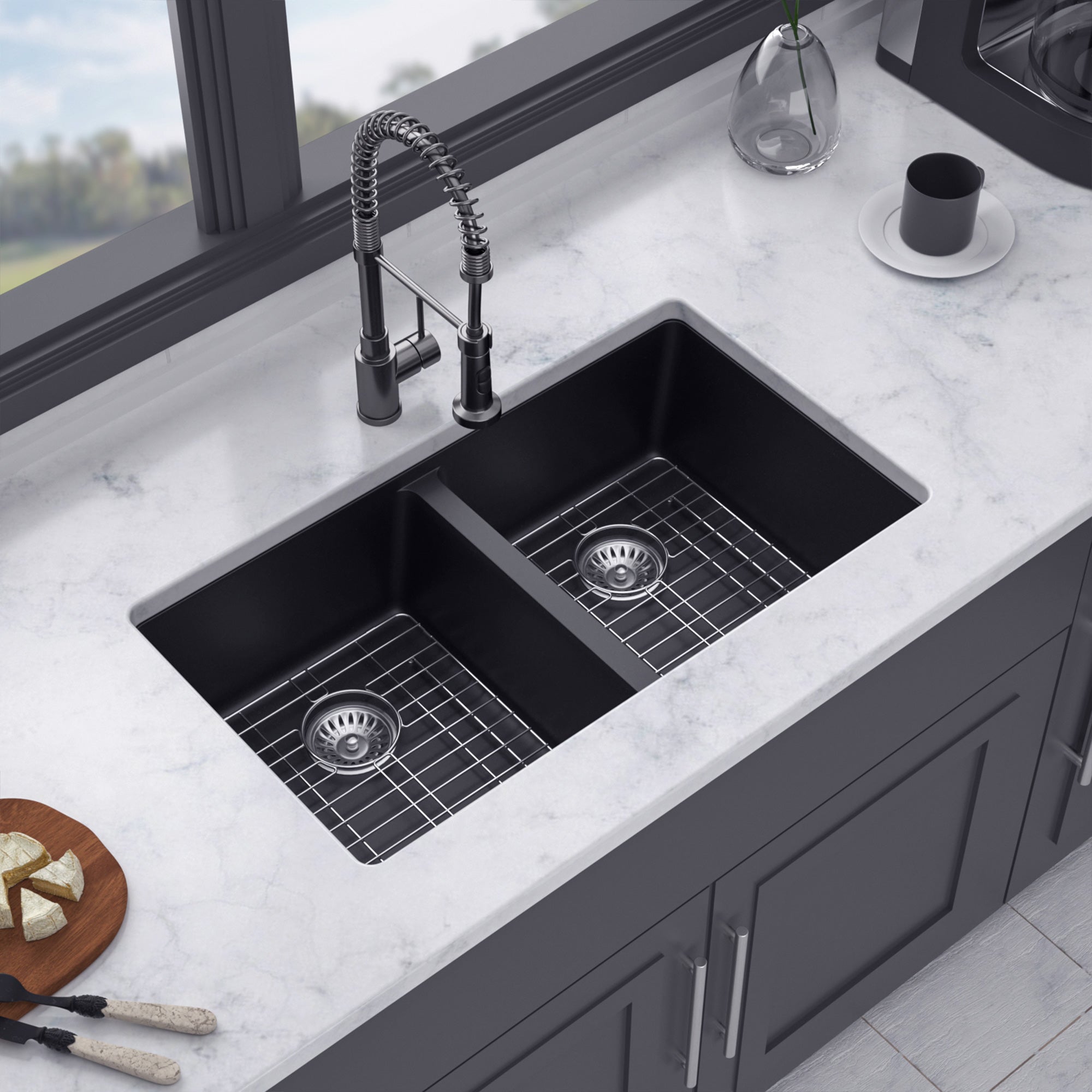 33" x 19" Drop-In Double Bowl Quartz Composite Kitchen Sink, Matte Black
