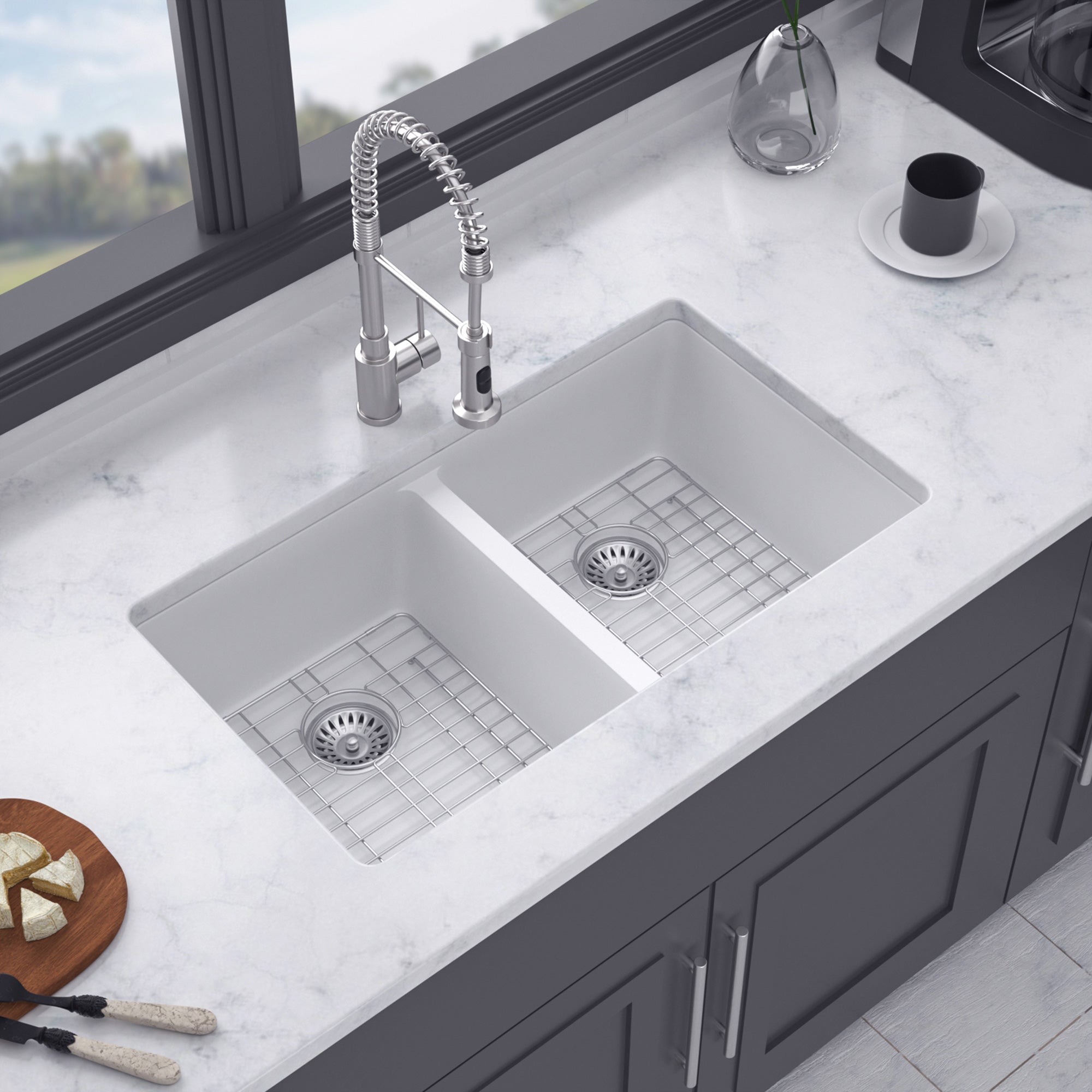 33" x 19" Drop-In Double Bowl Quartz Composite Kitchen Sink, Matte White