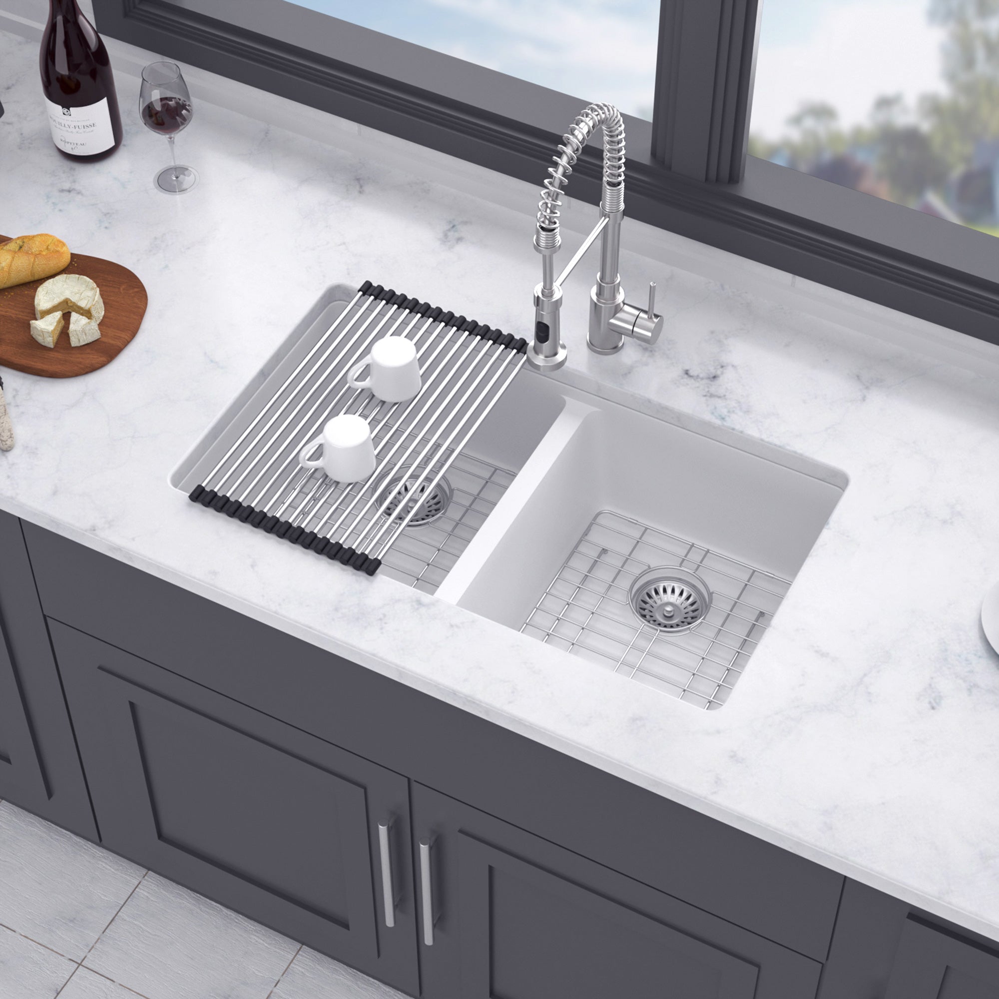 33" x 19" Drop-In Double Bowl Quartz Composite Kitchen Sink, Matte White