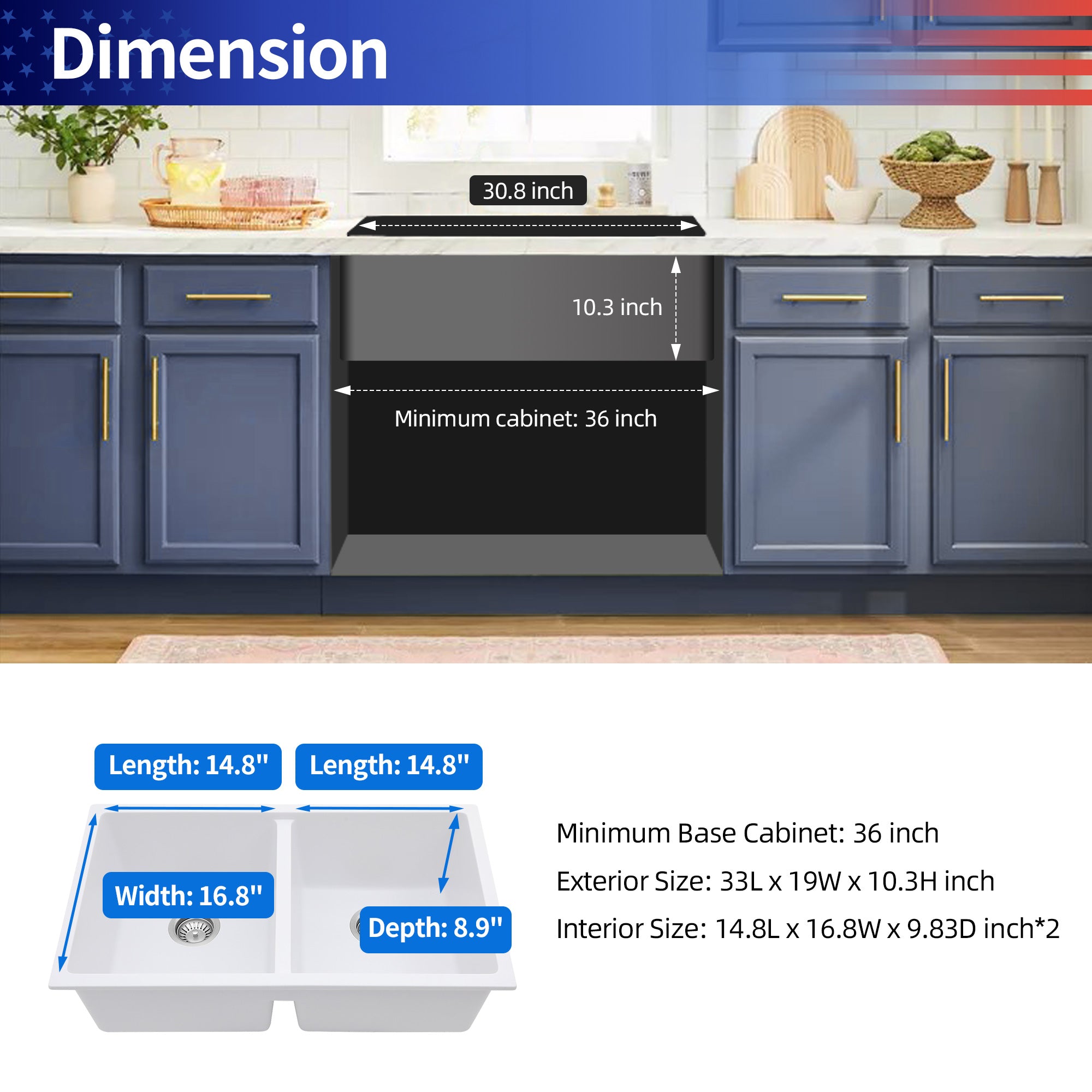 33" x 19" Drop-In Double Bowl Quartz Composite Kitchen Sink, Matte White