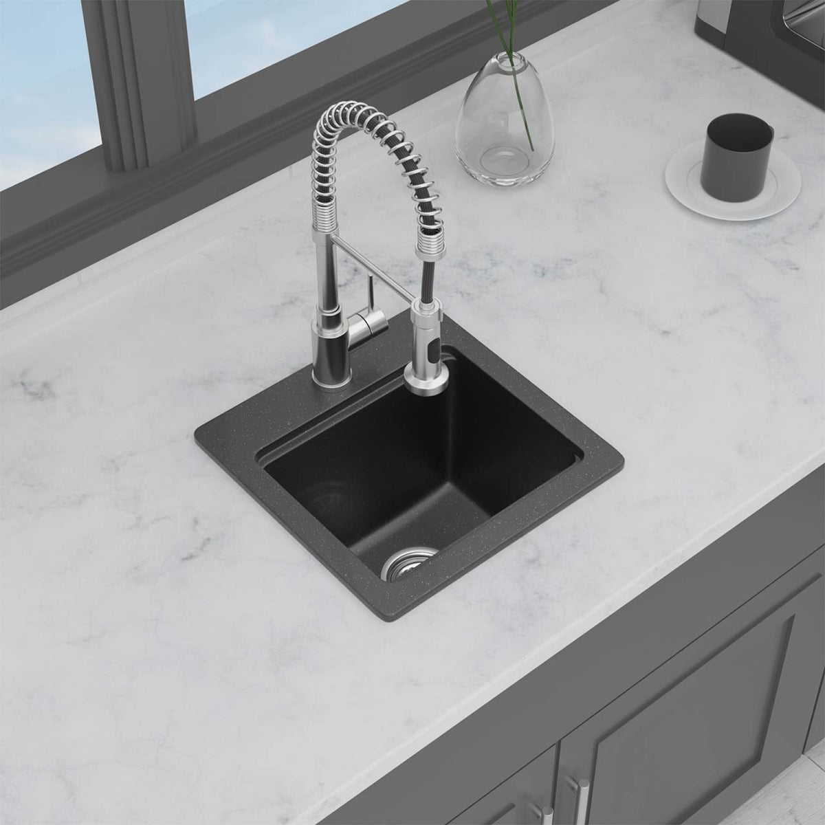 RAINLEX 15 in. Topmount Single Bowl Quartz Composite Bar Sink in Black