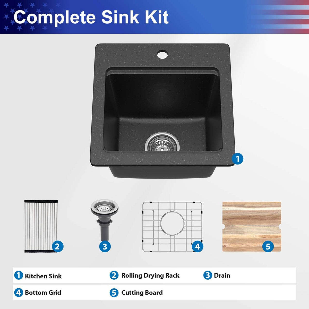 RAINLEX 15 in. Topmount Single Bowl Quartz Composite Bar Sink in Black