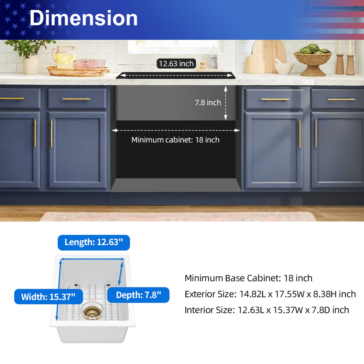 RAINLEX White Quartz Composite Undermount Kitchen Sink, Single Bowl Granite Composite Prep Sink