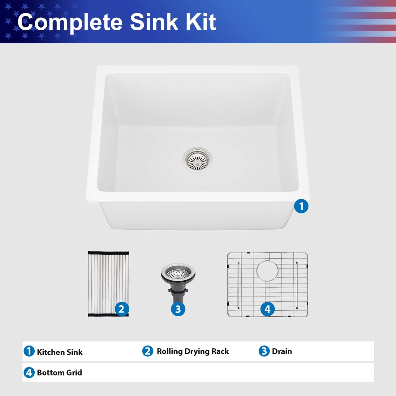 24" Undermount Single Bowl Quartz Composite Utility Sink, White