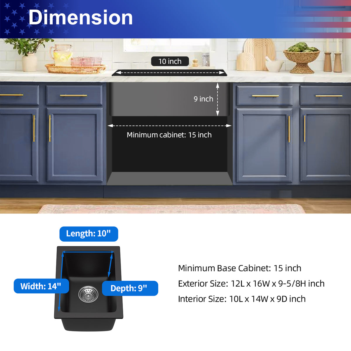 Black Quartz Composite Undermount Bar Sink, Single Bowl Granite Composite Prep Sink with Rear Drain