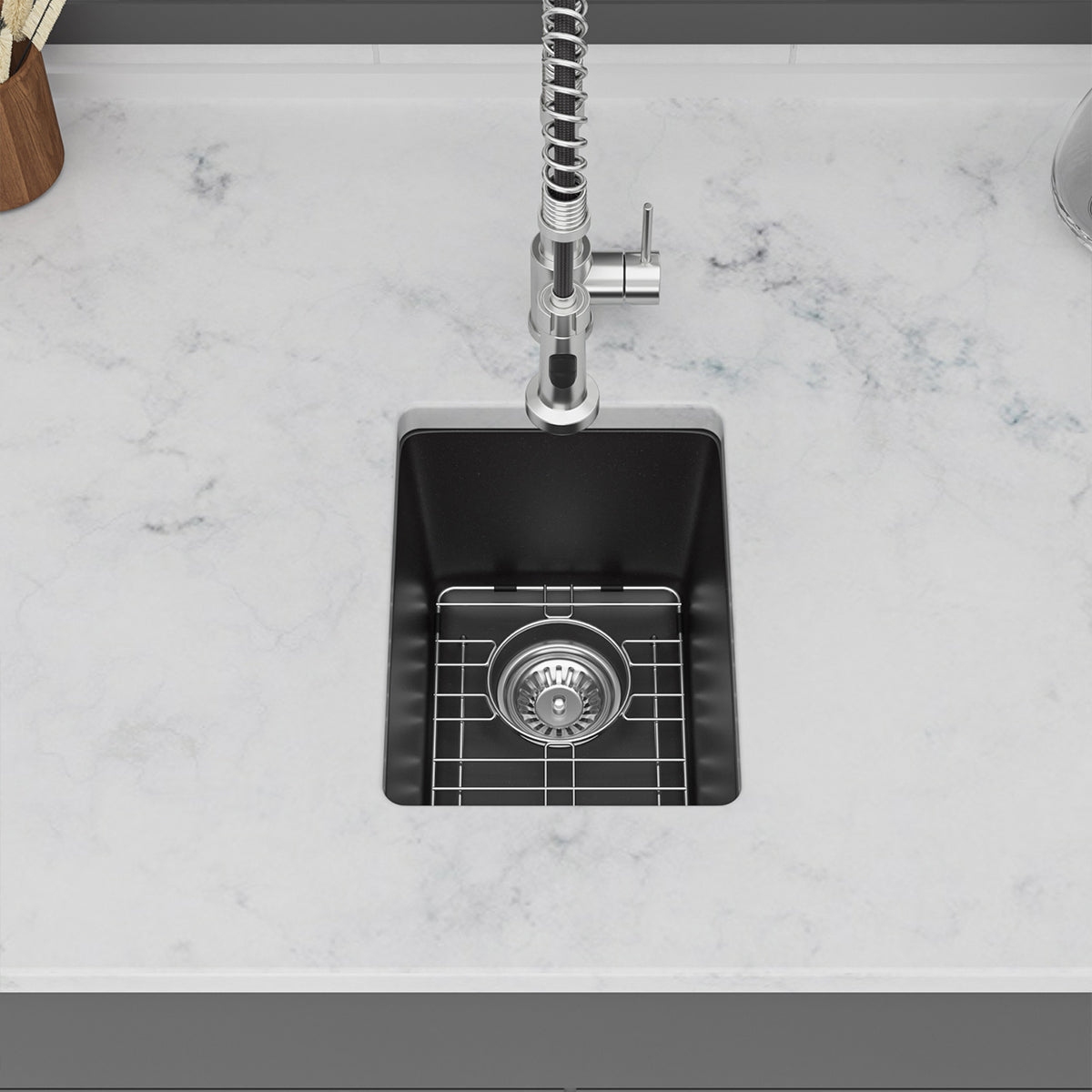 Black Quartz Composite Undermount Bar Sink, Single Bowl Granite Composite Prep Sink with Rear Drain