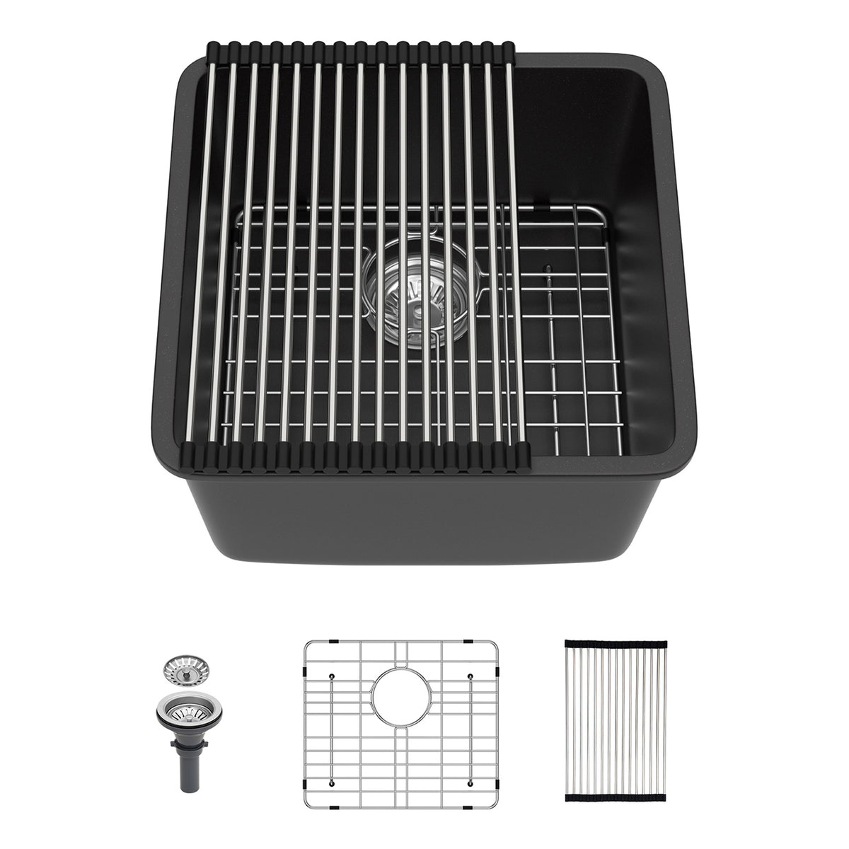 Black Quartz Composite Undermount Bar Sink, Single Bowl Granite Composite Prep Sink with Rear Drain