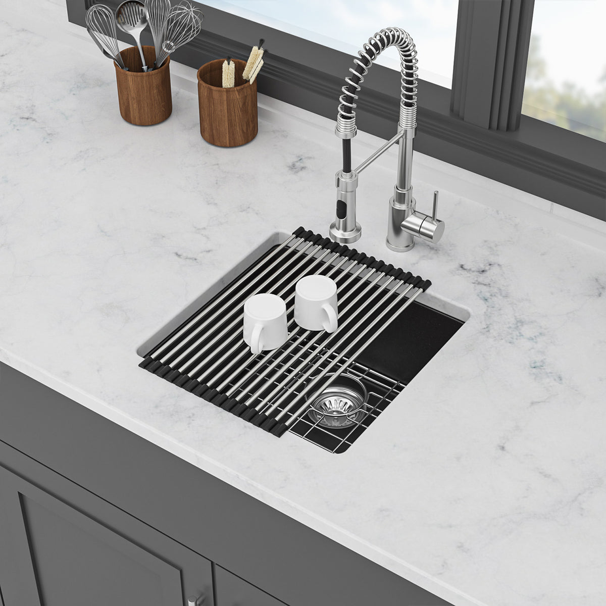 Black Quartz Composite Undermount Bar Sink, Single Bowl Granite Composite Prep Sink with Rear Drain