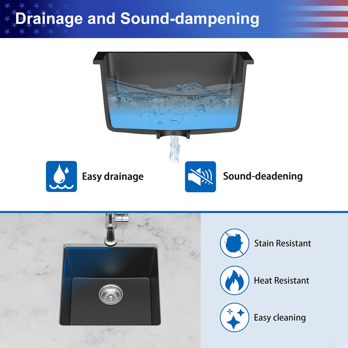 Black Quartz Composite Undermount Bar Sink, Single Bowl Granite Composite Prep Sink with Rear Drain