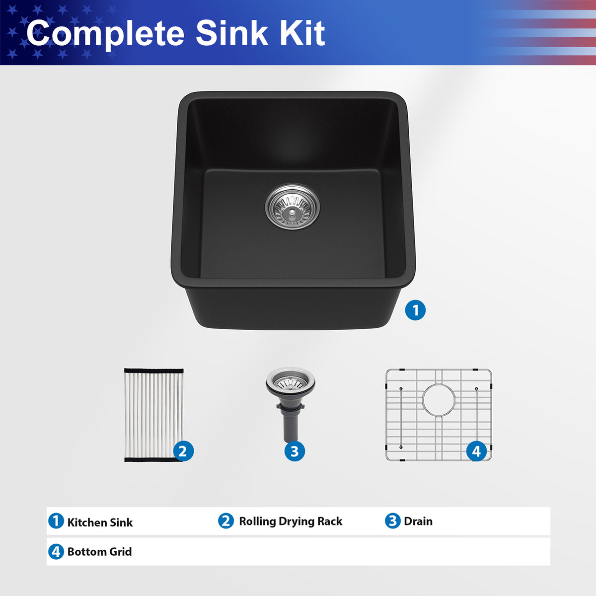 Black Quartz Composite Undermount Bar Sink, Single Bowl Granite Composite Prep Sink with Rear Drain