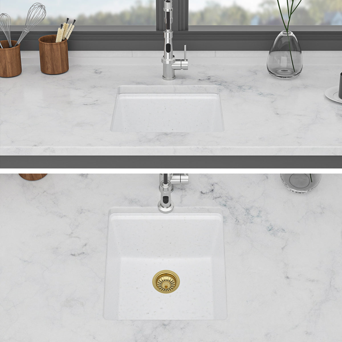 17 in. x 19 in. White Quartz Composite Undermount Workstation Bar Sink, Single Bowl Prep Sink with Cutting Board & Bottom Grid