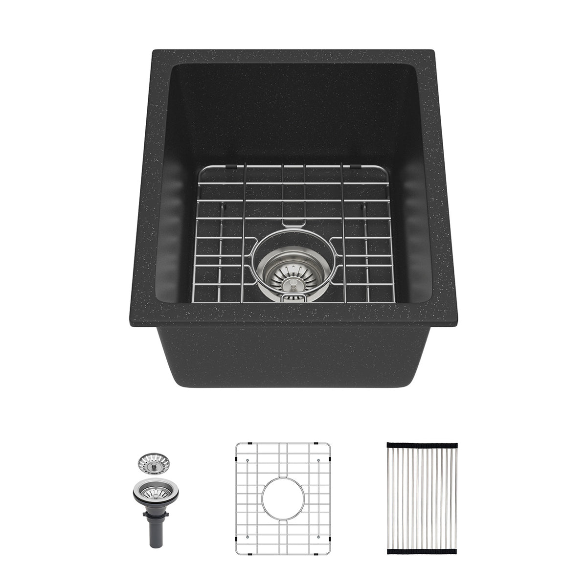 Black Quartz Composite Undermount Kitchen Sink, Single Bowl Granite Composite Prep Sink