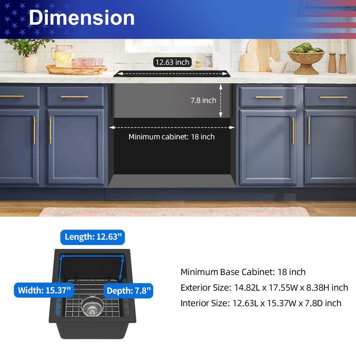 Black Quartz Composite Undermount Kitchen Sink, Single Bowl Granite Composite Prep Sink