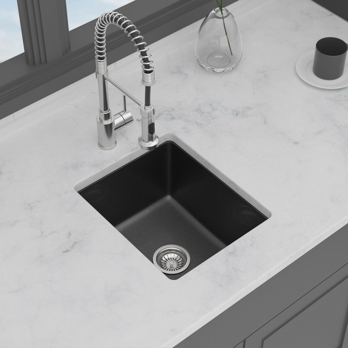 Black Quartz Composite Undermount Kitchen Sink, Single Bowl Granite Composite Prep Sink