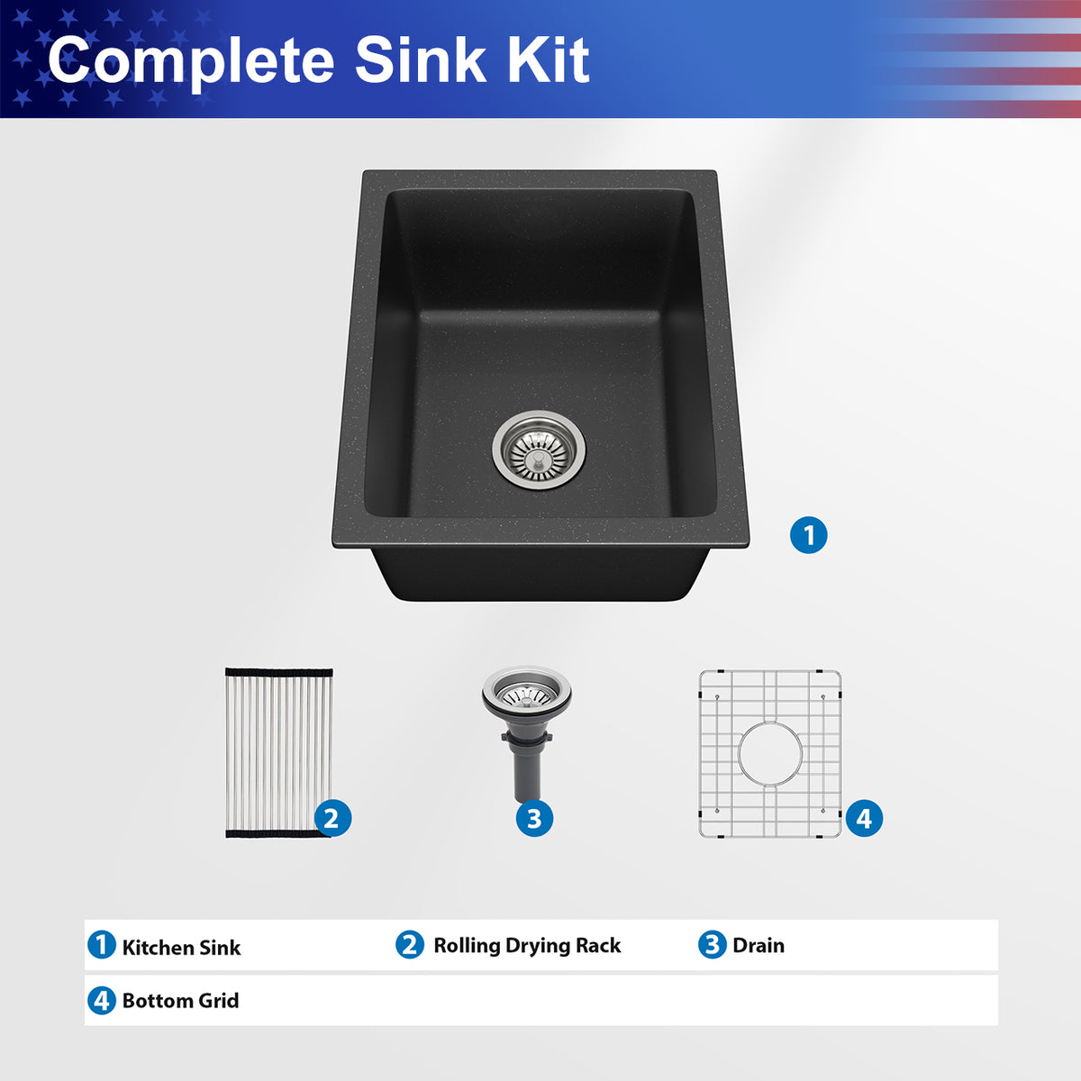 Black Quartz Composite Undermount Kitchen Sink, Single Bowl Granite Composite Prep Sink