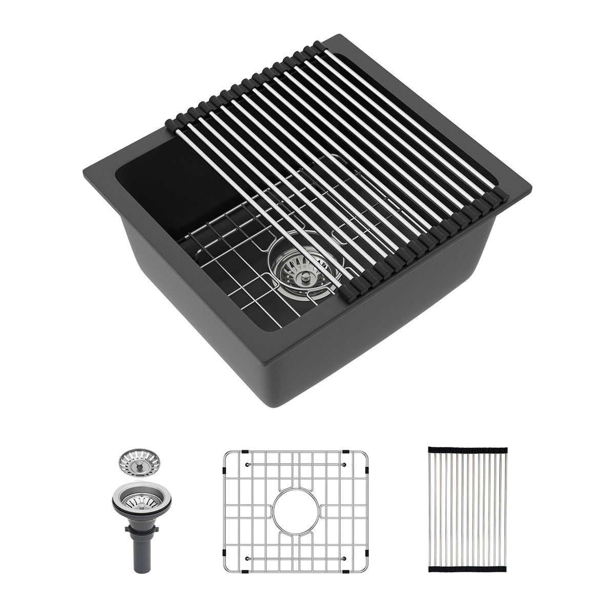 Black Quartz Composite Undermount Kitchen Sink, Single Bowl Granite Composite Prep Sink