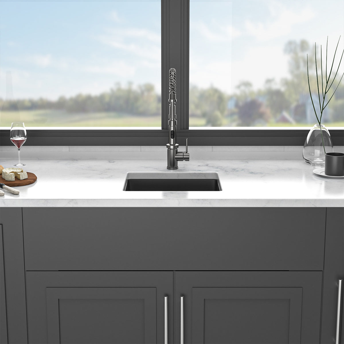 Black Quartz Composite Undermount Kitchen Sink, Single Bowl Granite Composite Prep Sink