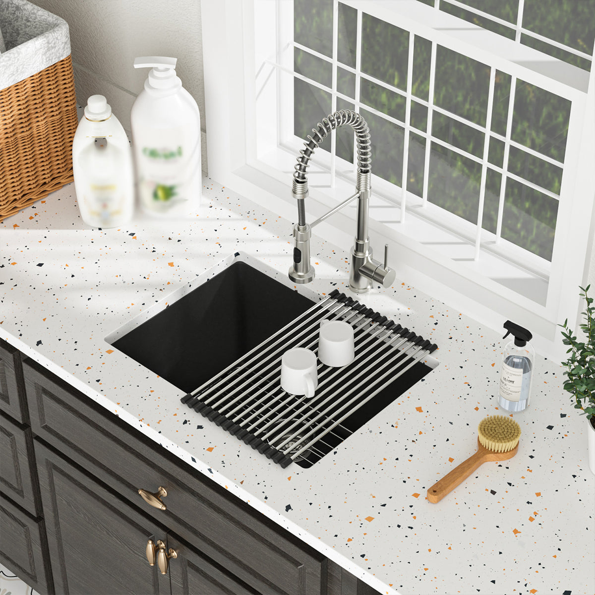 24 in. x 18 in. Black Quartz Composite Undermount Laundry Utility Sink, 12 in. Deep Single Bowl with Rear Drain