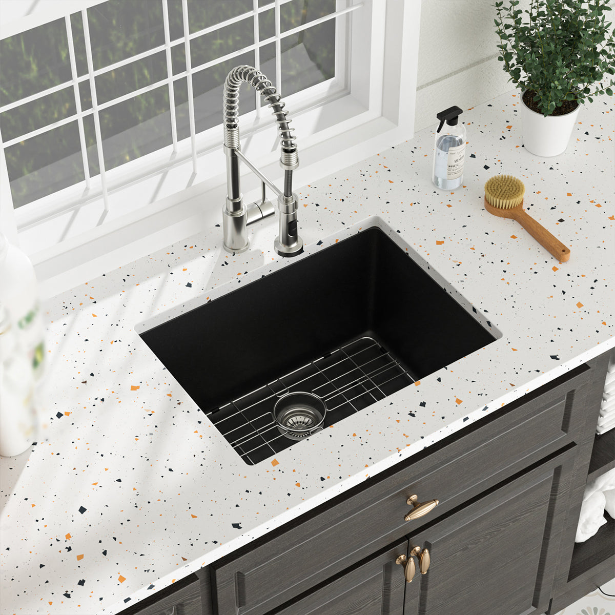 24 in. x 18 in. Black Quartz Composite Undermount Laundry Utility Sink, 12 in. Deep Single Bowl with Rear Drain