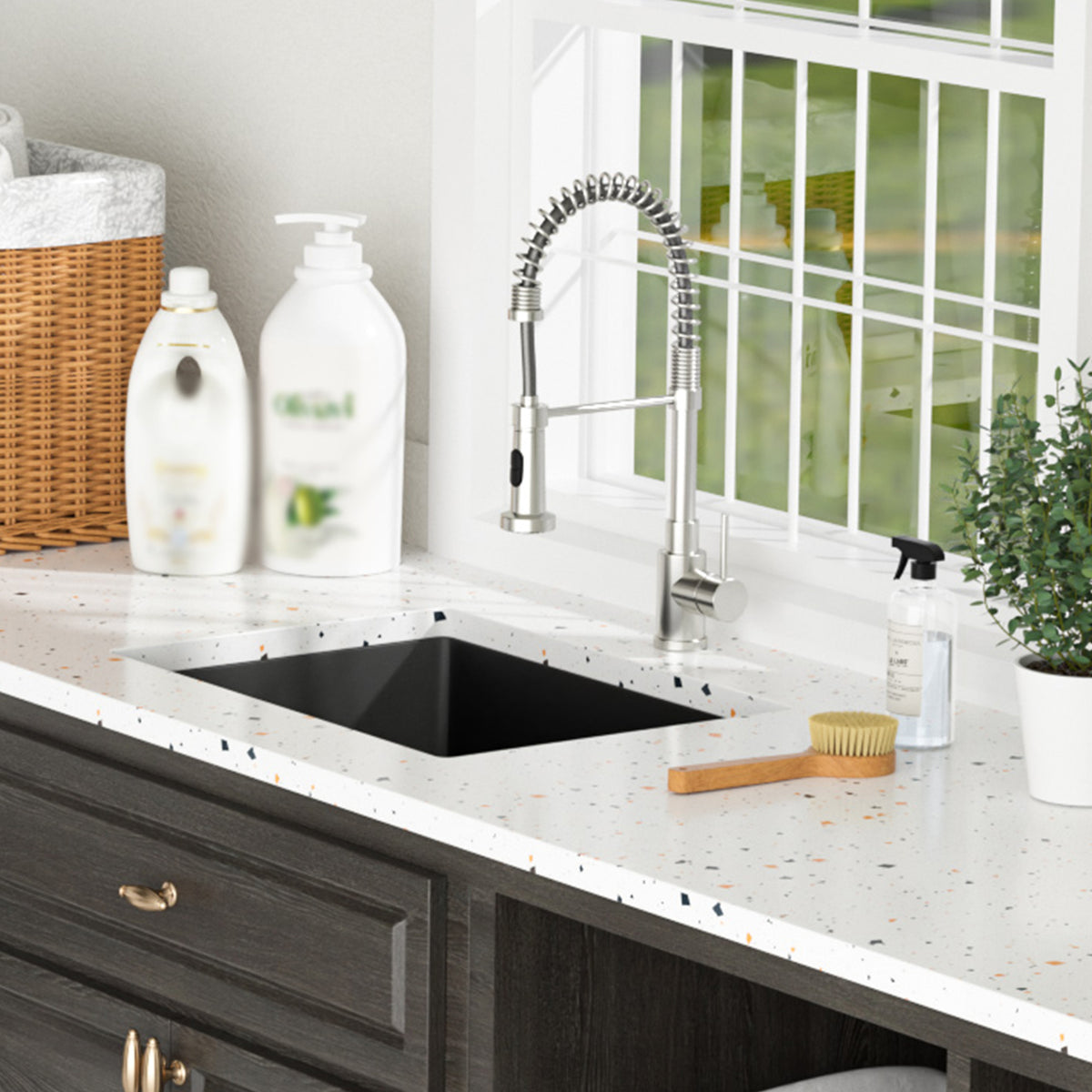 24 in. x 18 in. Black Quartz Composite Undermount Laundry Utility Sink, 12 in. Deep Single Bowl with Rear Drain